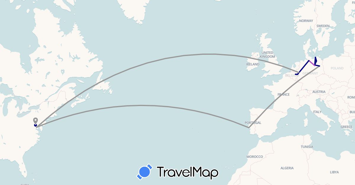 TravelMap itinerary: driving, plane, train in Germany, Netherlands, Portugal, United States (Europe, North America)